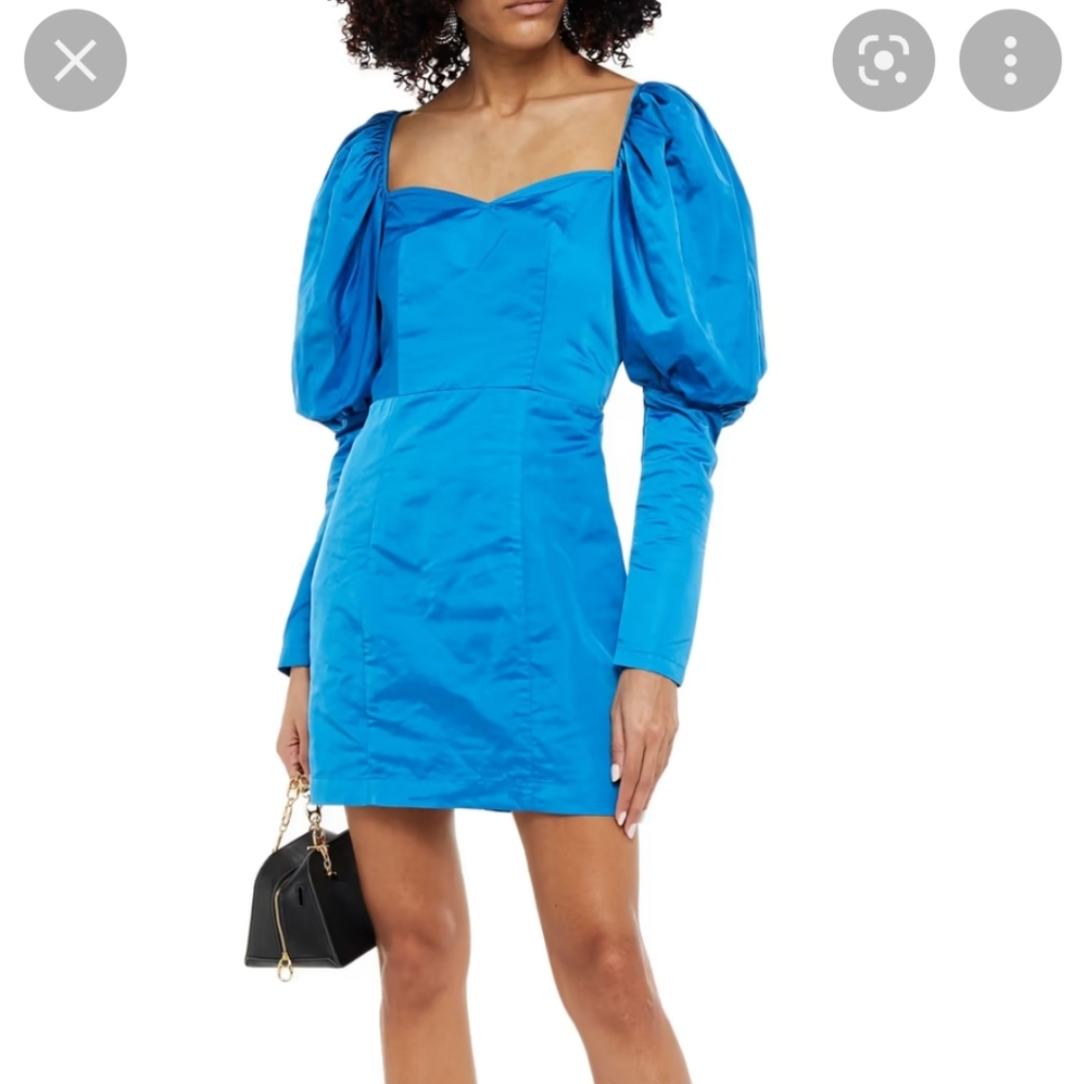 Blue Satin Puff Sleeve Dress
